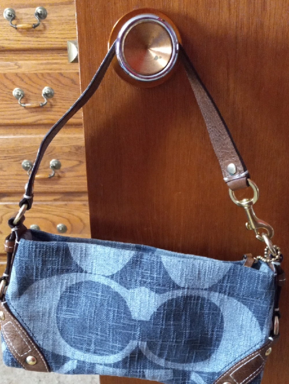 Coach Blue Signature Canvas Shoulder Bag with Brown Leather Trim
